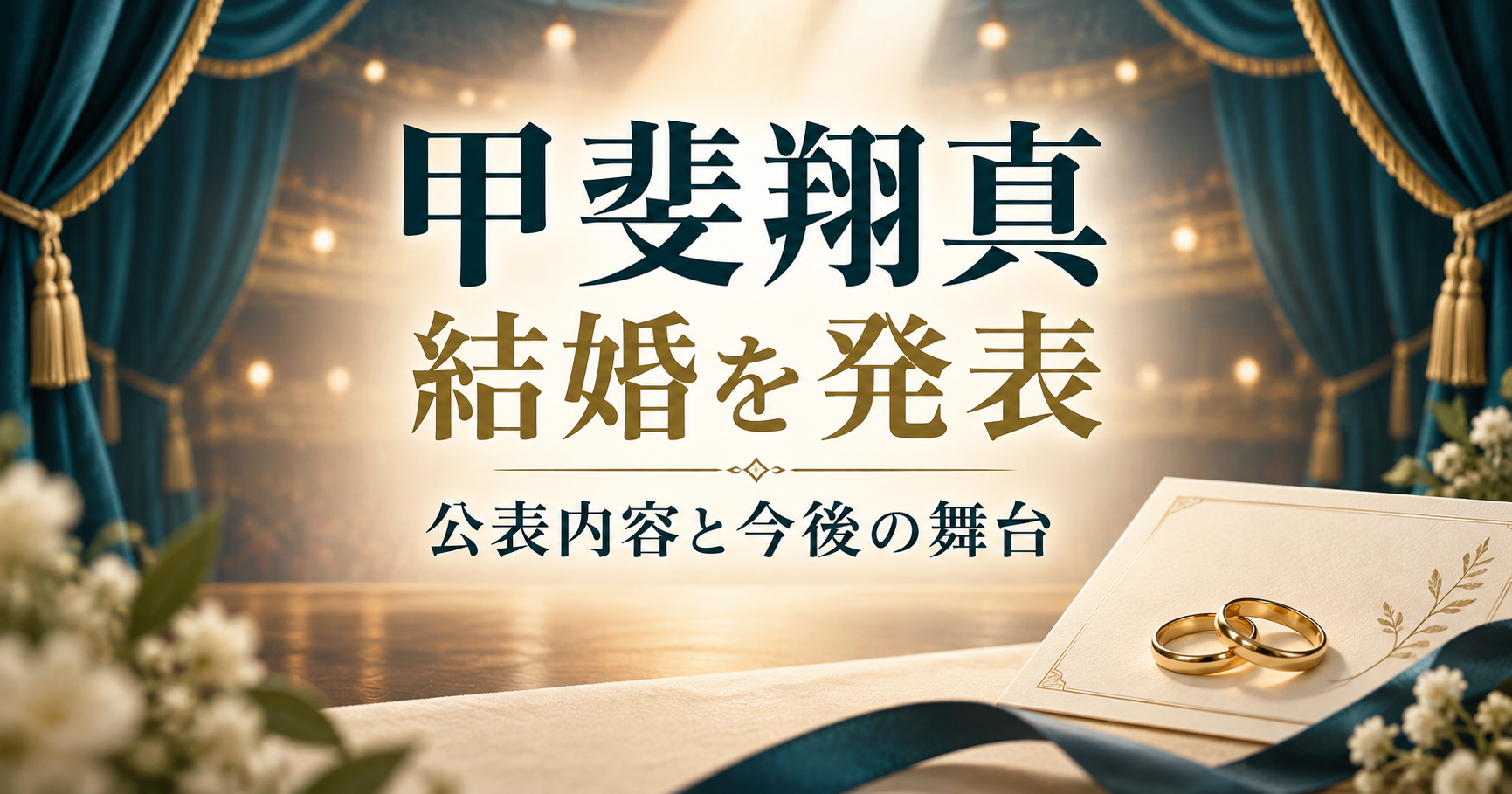 甲斐翔真の結婚発表と今後の舞台を紹介する、指輪と劇場の幕を描いたオリジナルイラスト