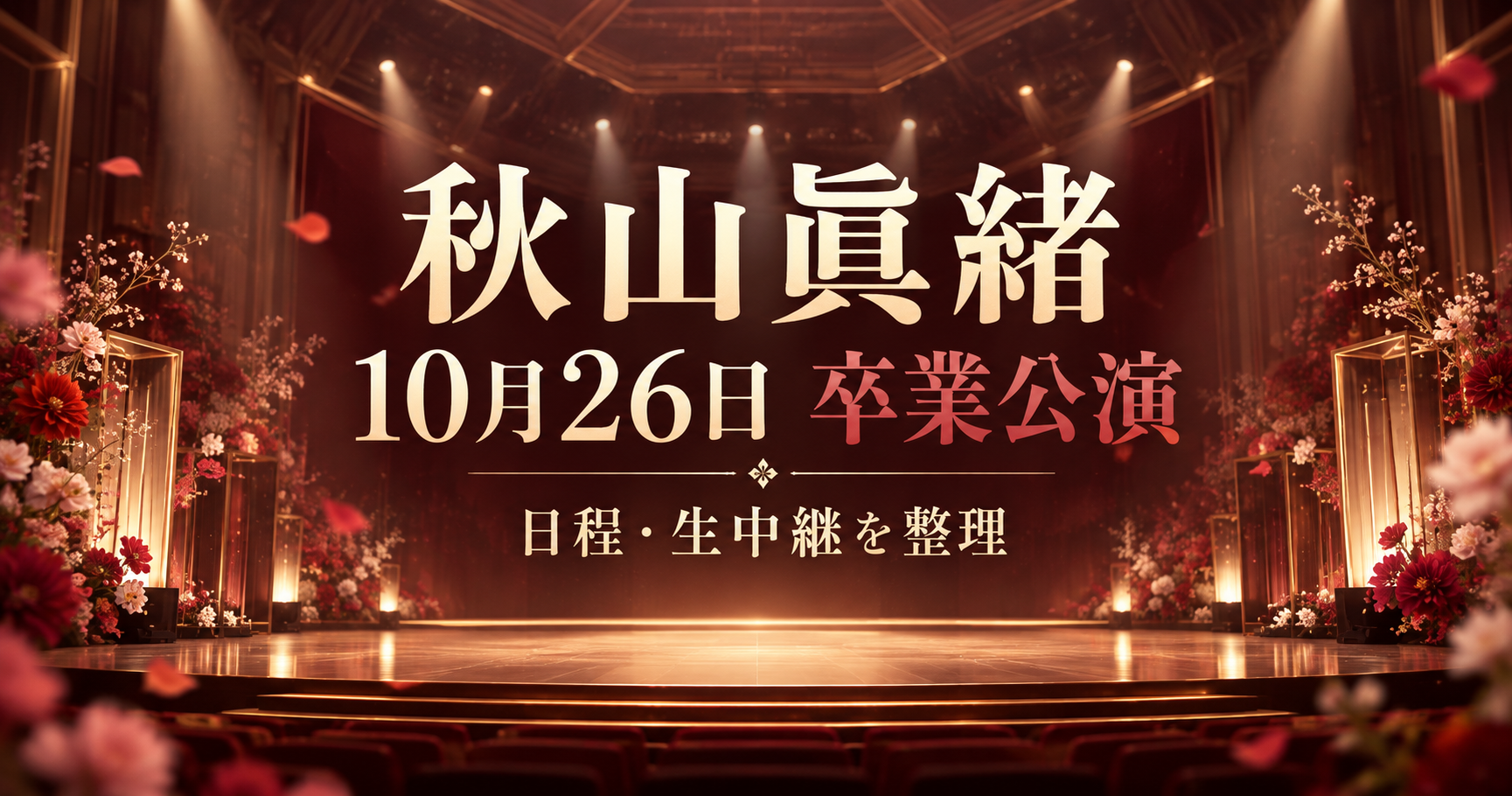 秋山眞緒の10月26日卒業公演を案内する、花と無人ステージのオリジナルイラスト
