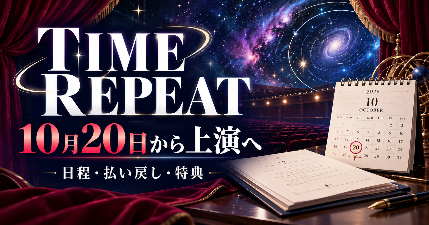 TIME REPEATの10月20日からの上演決定と日程・払い戻し・特典を伝える、宇宙と無人劇場のイラスト