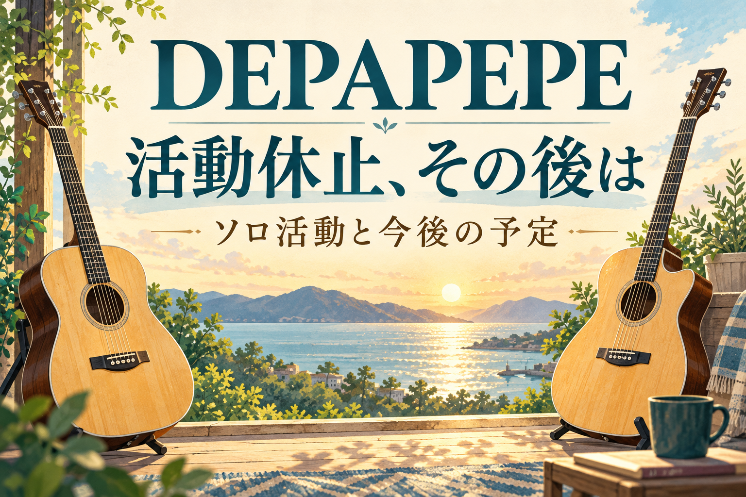 DEPAPEPEの活動休止とソロ活動の予定を伝える、2本のアコースティックギターのイラスト