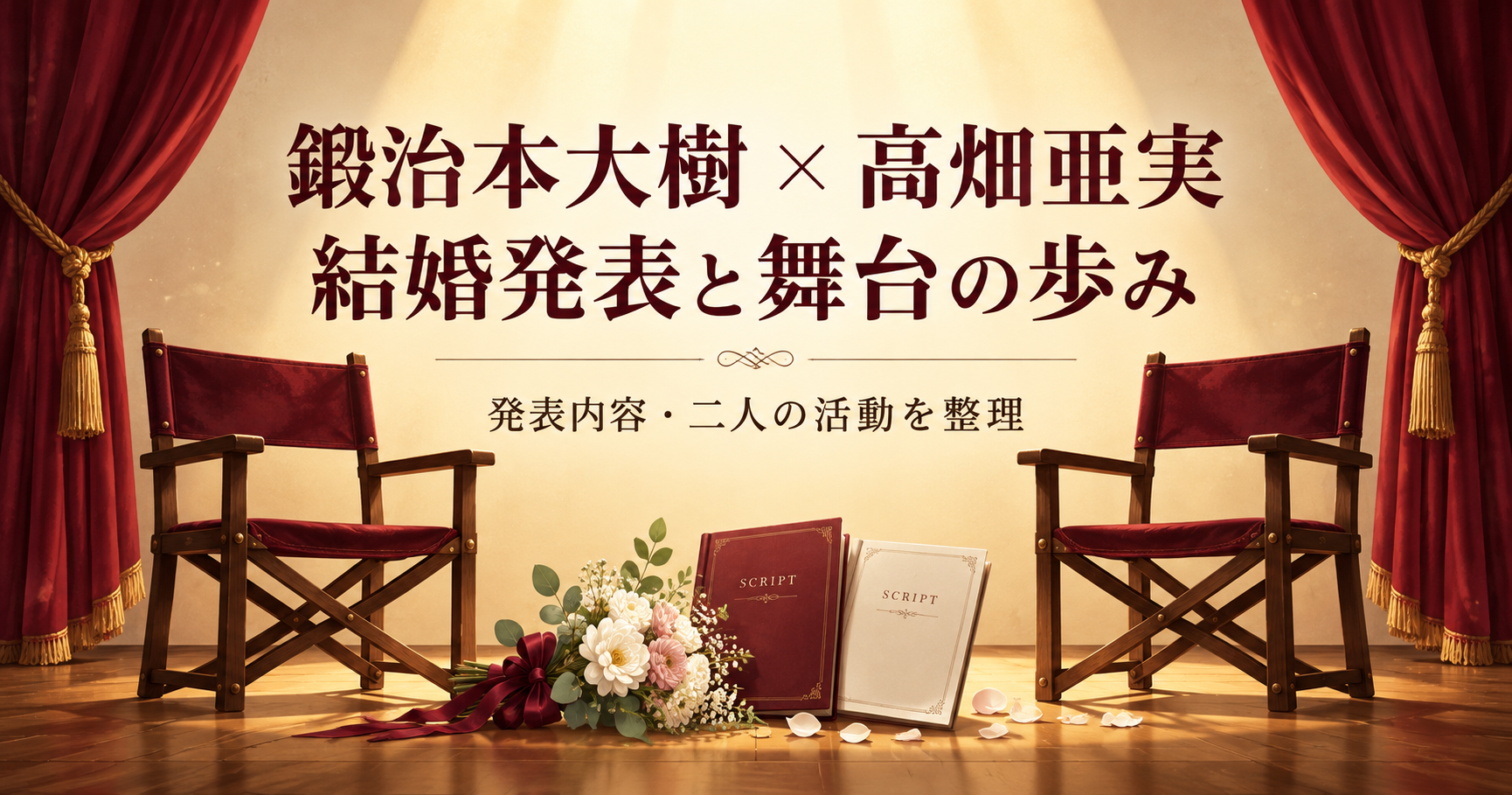 鍛治本大樹と高畑亜実の結婚発表と舞台の歩みを表す、二脚の椅子と台本、花束のオリジナルイラスト