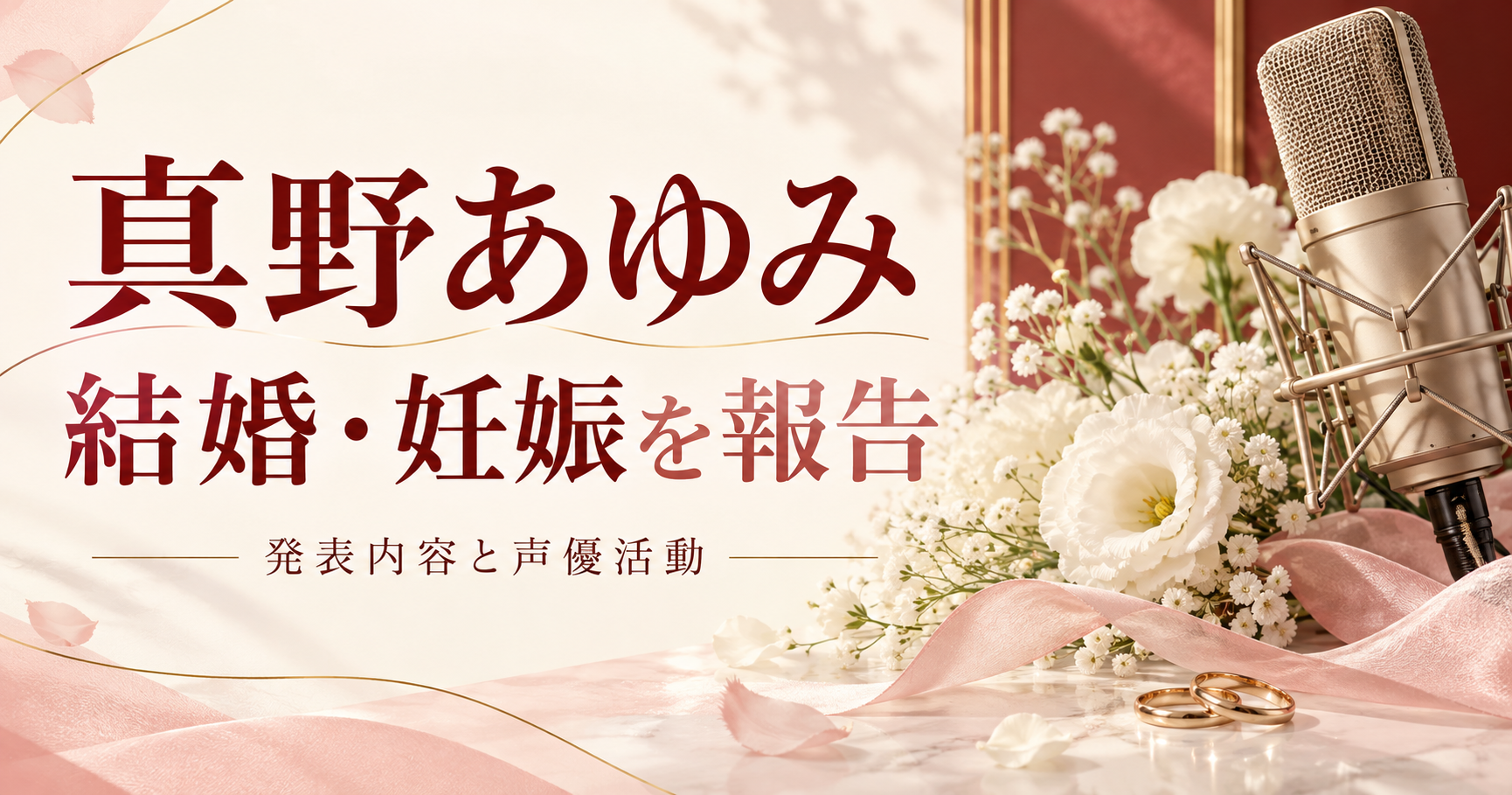 真野あゆみの結婚・妊娠報告と声優活動を伝える、マイクと白い花のイラスト