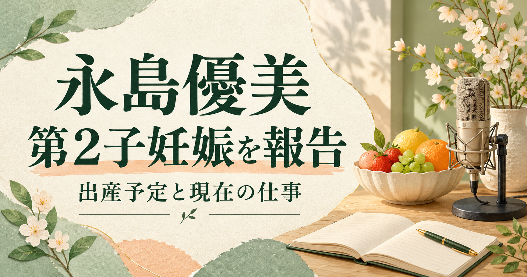 永島優美の第2子妊娠報告と仕事を紹介する、マイクと果物、ノート、春の花のオリジナルイラスト
