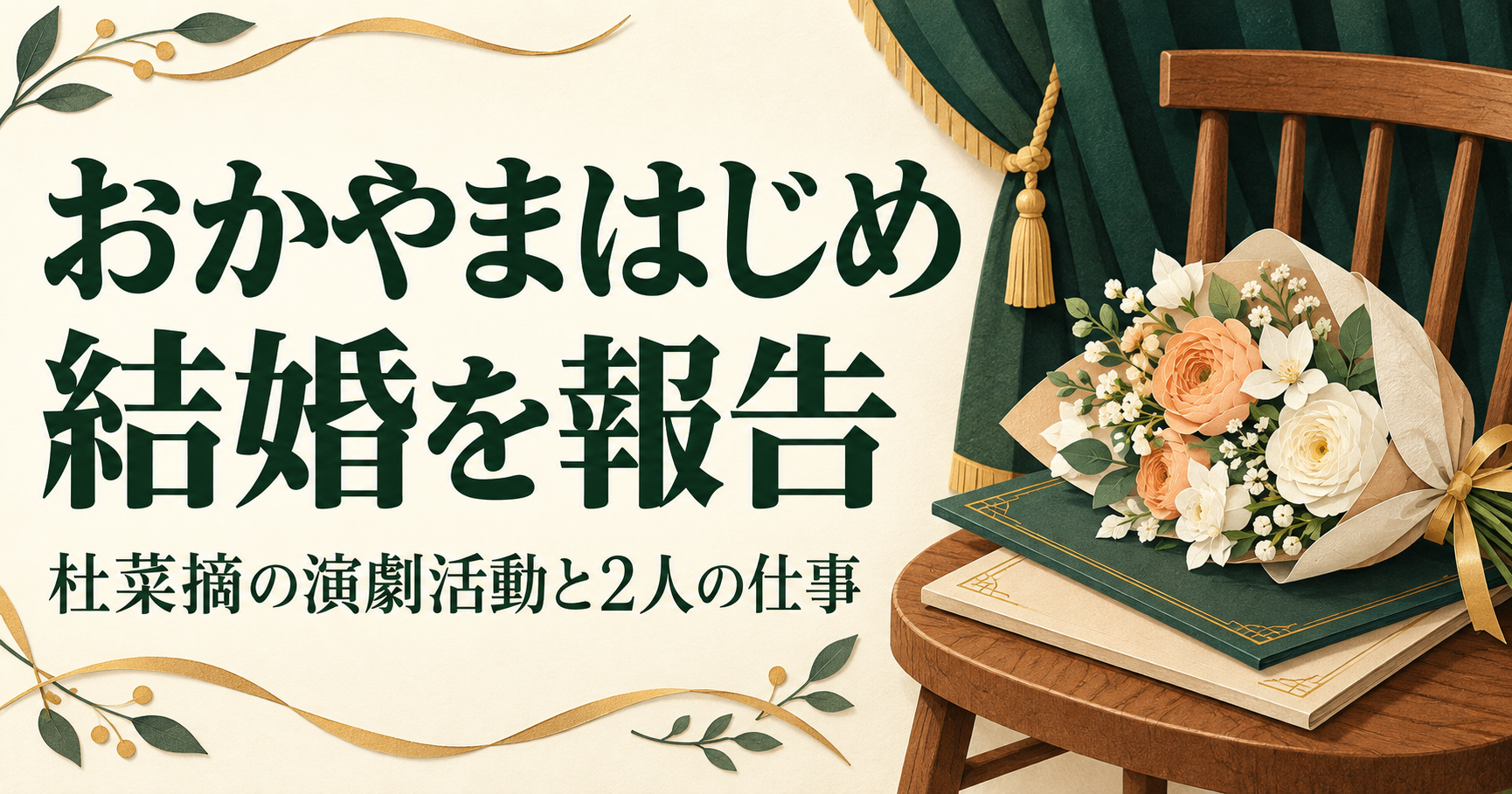 おかやまはじめの結婚報告と杜菜摘の演劇活動を表す、花束と台本、舞台の椅子のオリジナルイラスト