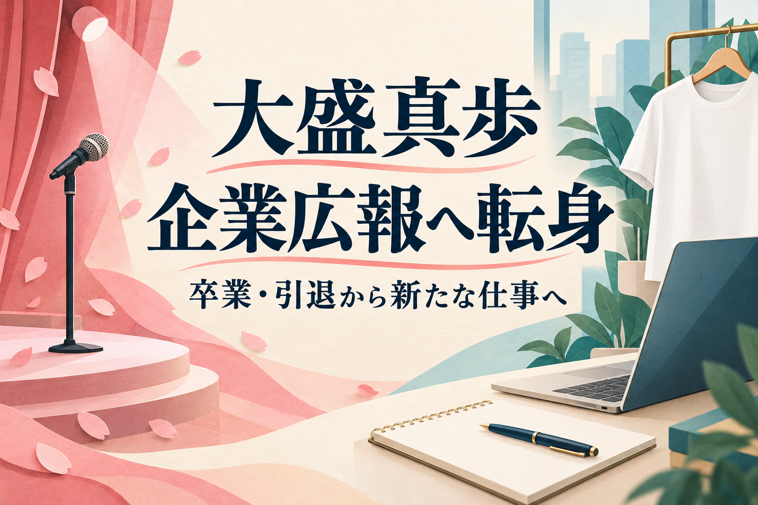 大盛真歩の企業広報への転身を伝える、舞台のマイクとパソコン・ノート・Tシャツのイラスト