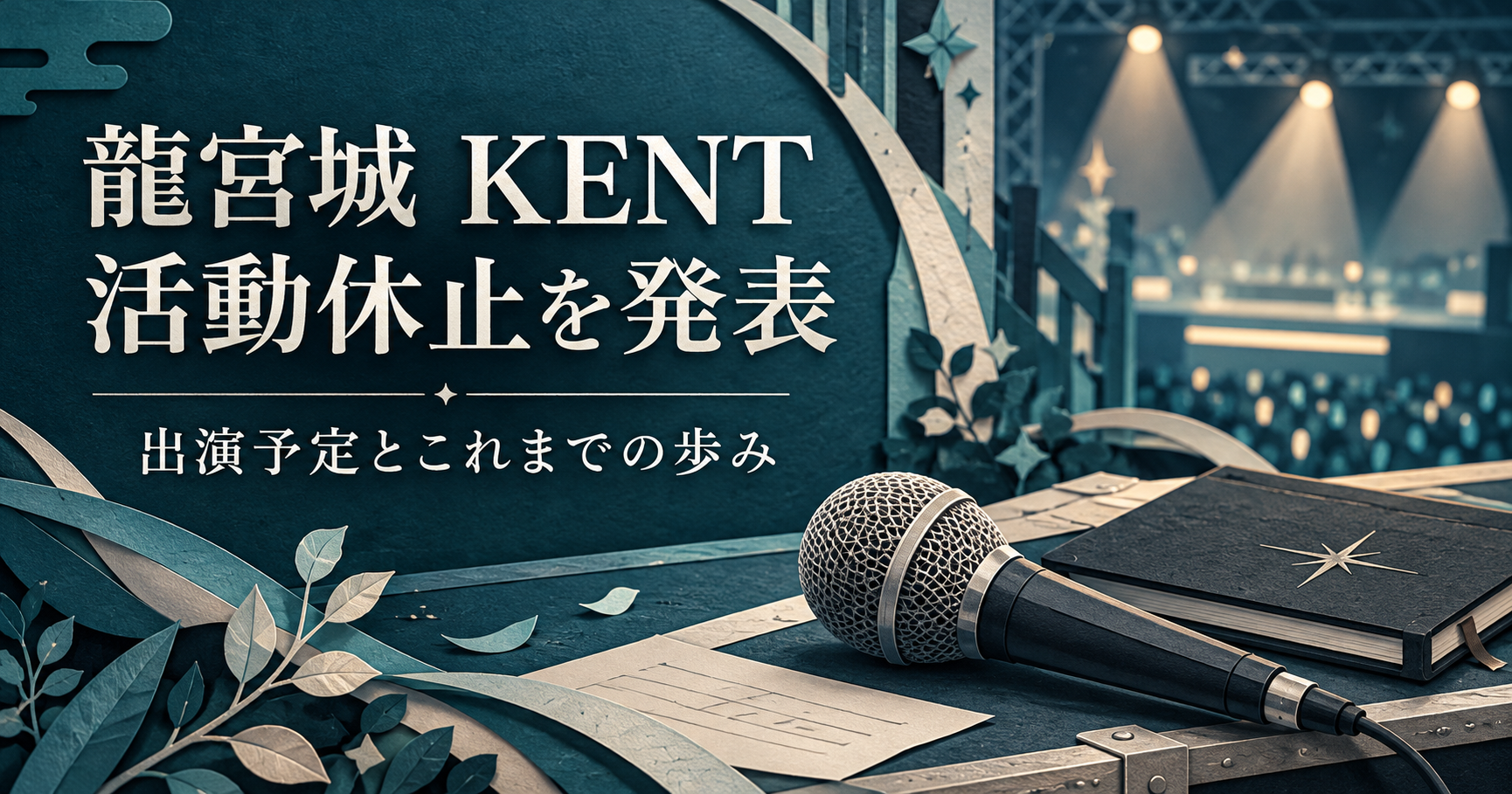 龍宮城KENTの活動休止と出演予定を紹介する、休めたマイクとノート、柔らかな舞台照明のイラスト