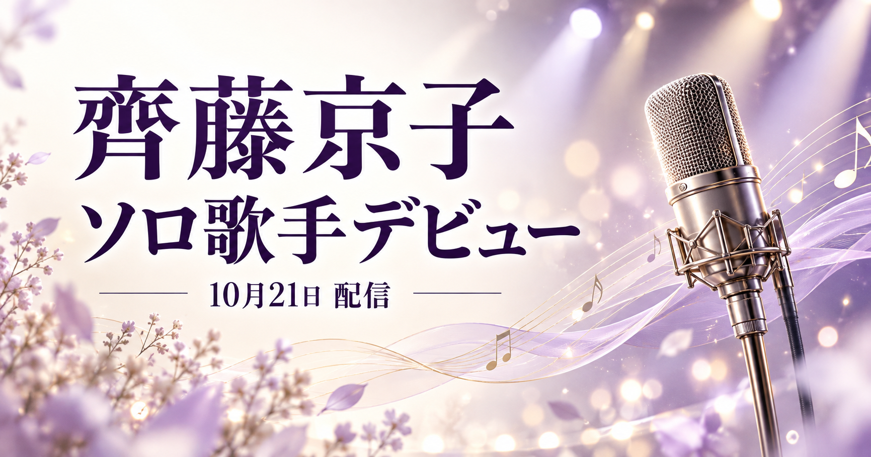 齊藤京子のソロ歌手デビューと10月21日配信を伝える、マイクと音符のオリジナルイラスト