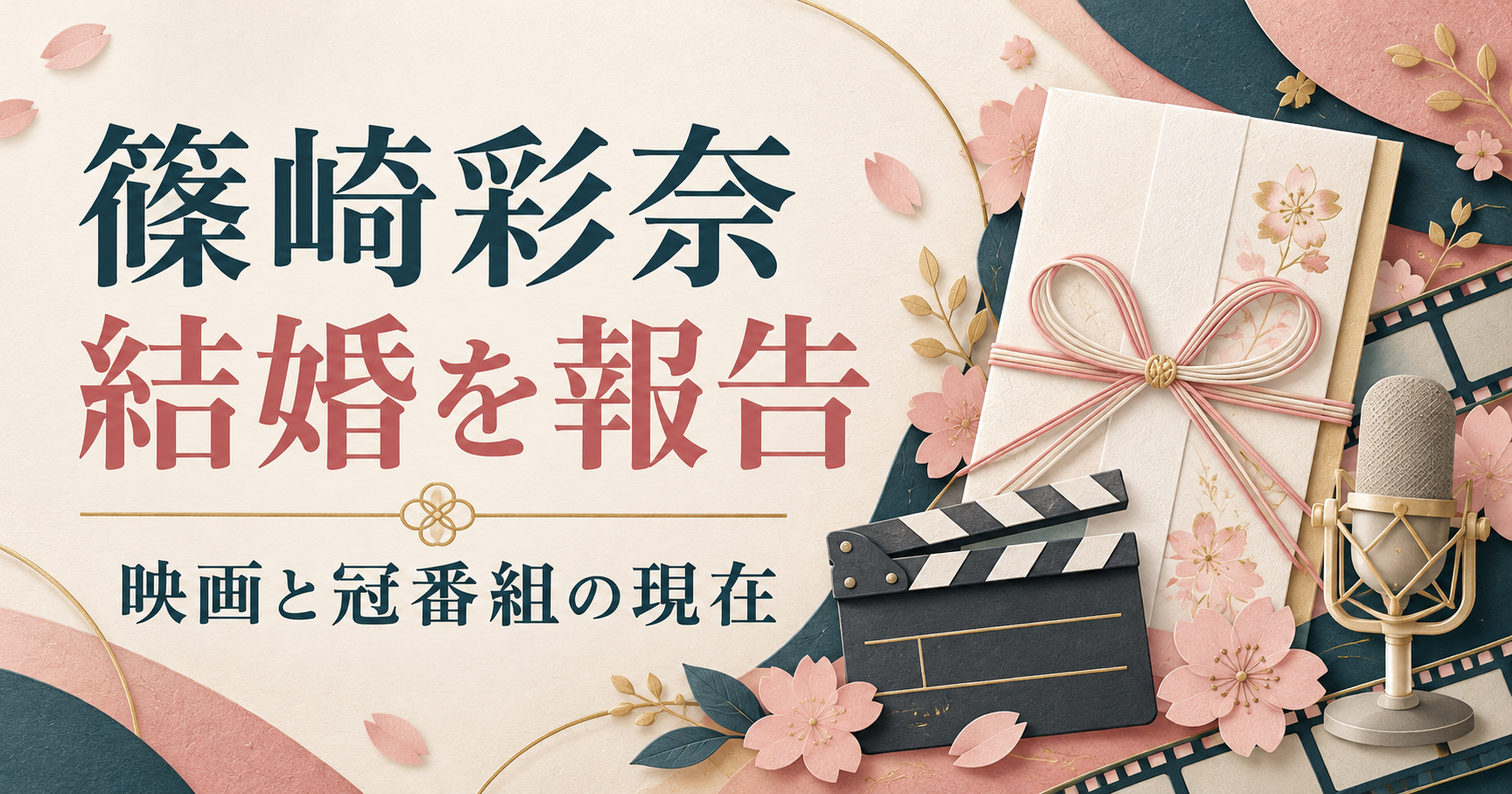 篠崎彩奈の結婚報告と映画・冠番組の活動を表す、祝福の封筒とカチンコ、マイクのオリジナルイラスト