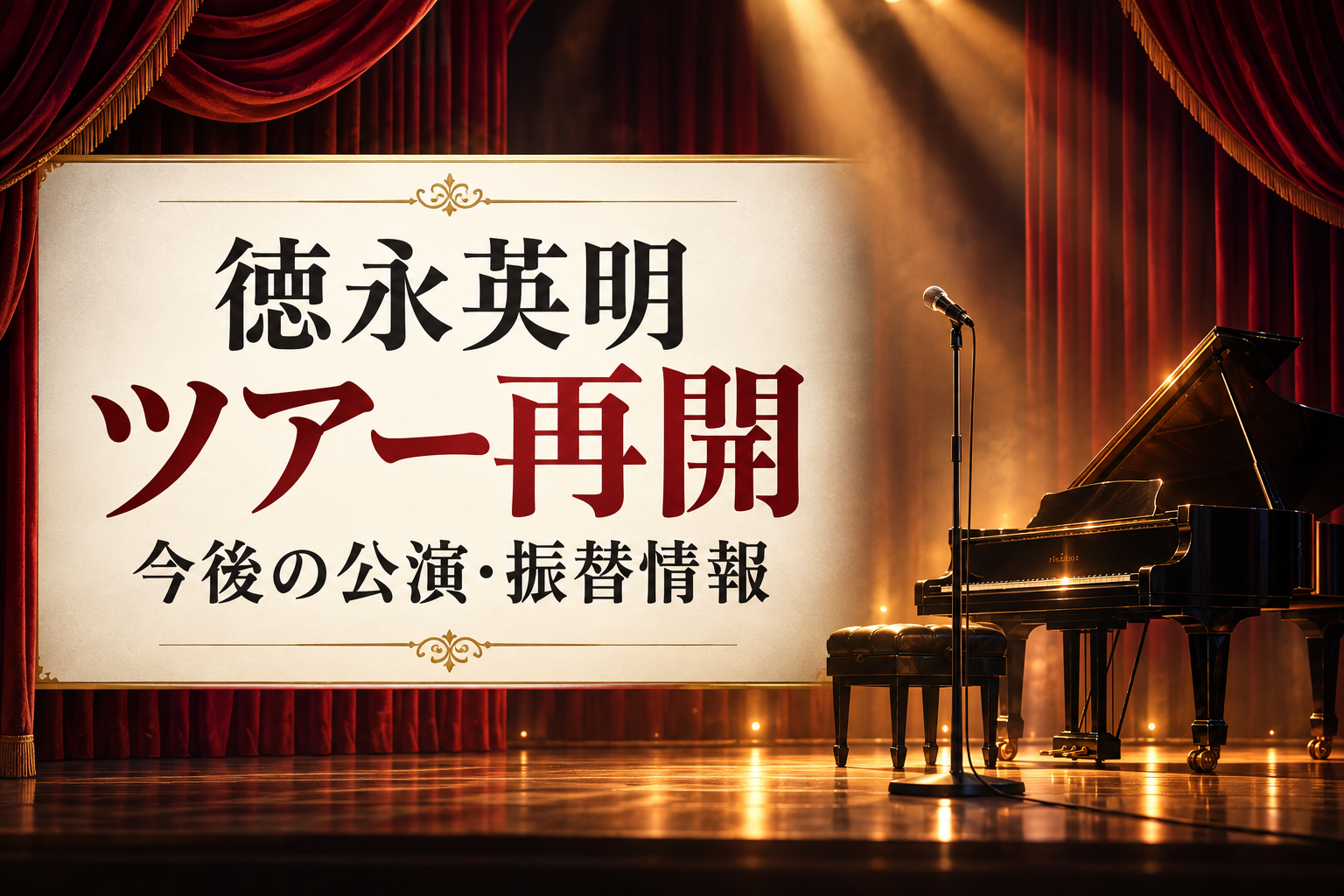 徳永英明のツアー再開と今後の公演・振替情報を伝える赤い劇場幕、ピアノとマイクの舞台イラスト