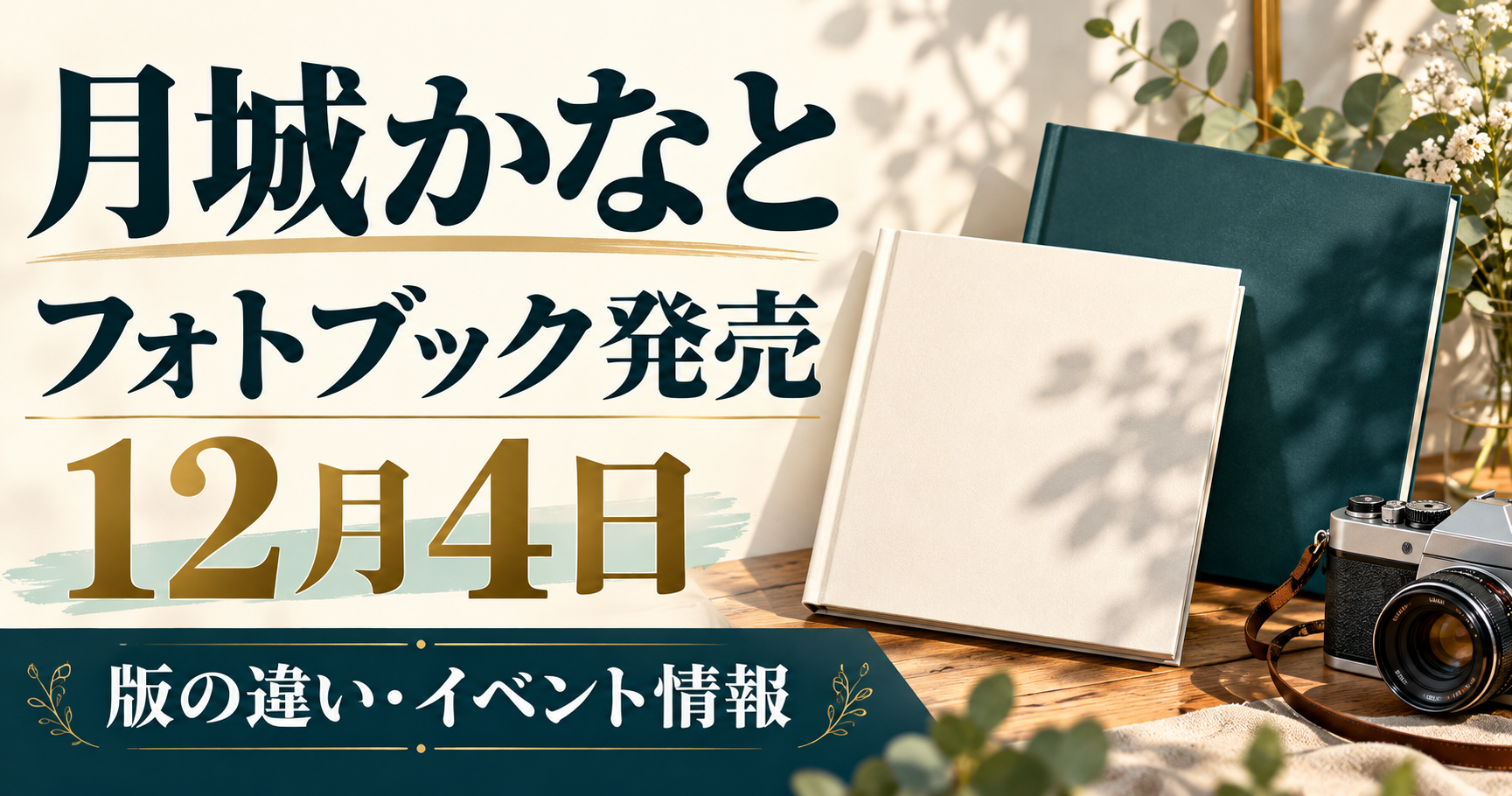月城かなとフォトブックの12月4日発売と版・イベント情報を示す、架空の本とカメラのイラスト